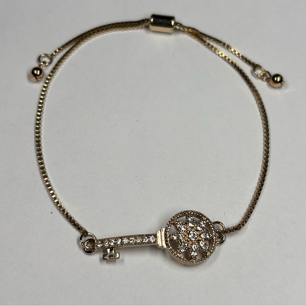 Gold Tone Key Charm CZ Adjustable Slider Bracelet